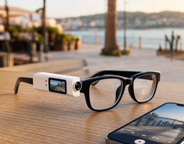 Black eyeglasses with a compact white WiFi camera module beside a smartphone on a seaside café table
