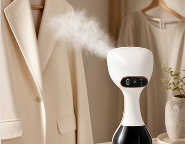 1800W touchscreen handheld clothes steamer producing steam beside hanging garments