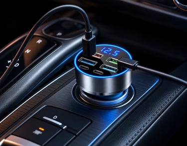 Six-port USB and USB-C car charger with blue voltage display installed in a modern center console