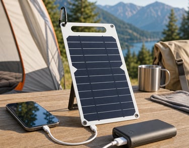 Portable solar USB charging panel powering a smartphone and power bank at a mountain campsite