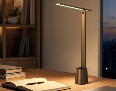 Slim foldable smart LED desk lamp illuminating an open notebook in a modern home office