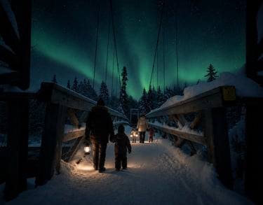 Children and parents cross the Friendship Bridge with lanterns. Forest Elf's trail under the Northern Lights.