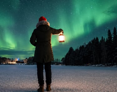 Solo traveler watching Northern Lights from a frozen lakeside while holding a lantern near Rovaniemi, Finnish Lapland.