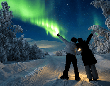 Friends celebrating the Northern Lights during a 4-hour Aurora Hunt in Rovaniemi, Finnish Lapland