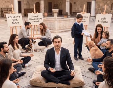 A group of people practicing meditation and mindfulness in a historic stone courtyard with signs supporting social projects.