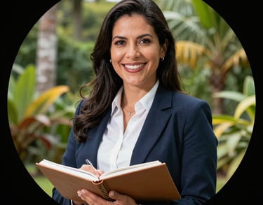 A professional South American / Brazilian Amazonian portrait cropped into a perfect circle of a female accountant, smiling warmly, holding a notebook, with a bright tropical garden in the background.
