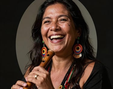 A professional South American / Brazilian Amazonian portrait cropped into a beautiful oval shape of a female art instructor. Laughing, wearing colorful artisan earrings, holding a wooden flute.