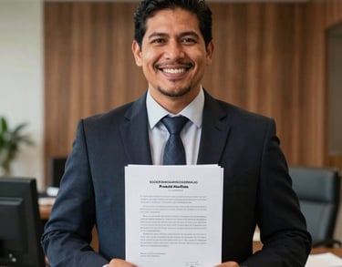 A professional South American / Brazilian Amazonian portrait cropped into a square shape of a male cultural lawyer. Professional smile, holding legal documents in a modern, wood-accented office.