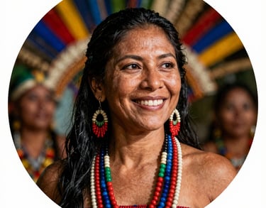 A professional South American / Brazilian Amazonian portrait cropped into a circular format of a female choreographer. Smiling, wearing traditional Amazonian beads, with a festive background.