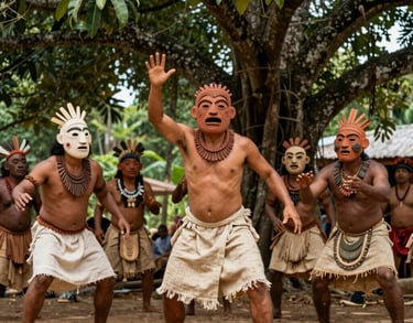 A South American / Brazilian Amazonian action photograph of an indigenous-inspired theater troupe performing outdoors. Actors in expressive clay masks and traditional linen costumes gesture dramatically under a huge mango tree canopy.