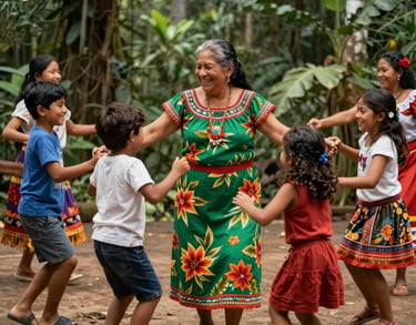 A beautiful South American / Brazilian Amazonian photography capture of children participating in a traditional regional dance workshop, laughing and guided by an elder woman in a vibrant forest green and floral dress.