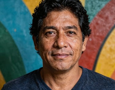 A professional South American / Brazilian Amazonian close-up portrait of a male theater director in a square crop. Expressive, friendly face, with a colorful painted wall behind him.