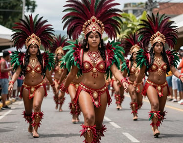 A dynamic South American / Brazilian Amazonian photography shot of a vibrant carnival parade. Dancers wearing immense deep carmine red and forest green feathered headdresses move in perfect rhythm down a sunny street.