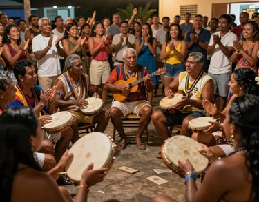 A South American / Brazilian Amazonian cultural photograph of a lively outdoor roda de samba. Musicians sit in a tight circle playing pandeiros and cavaquinhos, surrounded by a joyful, clapping crowd under warm festoon lights.