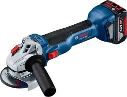 Bosch 18V cordless angle grinder with rechargeable battery and ergonomic handle for metalworking.