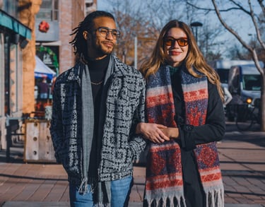 Man and woman with fashion eyewear walking the streets of Fort Collins