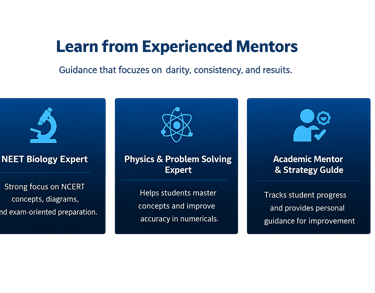 Infographic showing NEET Biology, Physics, and academic mentors for exam-oriented medical preparation.