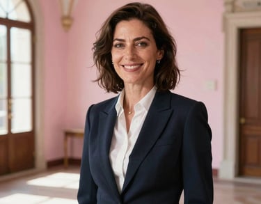 Portrait of a smiling professional woman in a bright room with pearl pink walls, Southern European / Italian architecture, warm natural light.