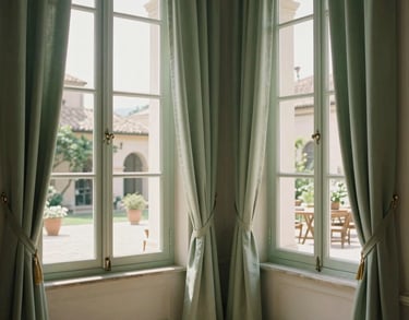A bright corner of a room with a large window overlooking a Southern European / Italian courtyard, sage green curtains, soft elegant atmosphere.