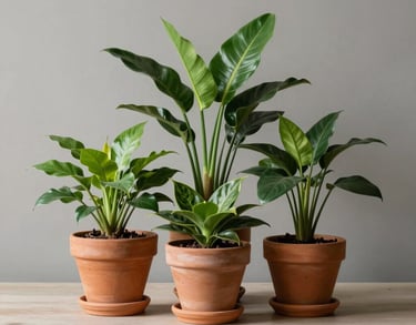 A cluster of green indoor plants in terracotta pots arranged on a minimalist shelf, soft shadows, Southern European / Italian studio environment.