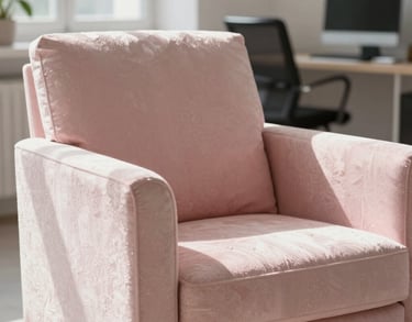 A detail of a light pearl pink textile armchair in a bright pedagogist office, soft natural morning light, Southern European / Italian style.