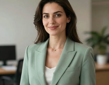 A professional woman with a welcoming expression in an elegant sage green blazer, Southern European / Italian setting, soft focus office background.