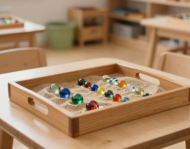 Close up of a wooden tray with sand and colorful glass beads on a low table in a child-centered pedagogist room, Southern European / Italian design.