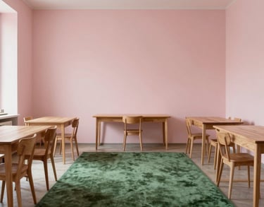 A wide angle shot of a minimalist pedagogist studio in Italy, featuring soft pink walls, a green velvet rug, and natural wood furniture, elegant and calm.