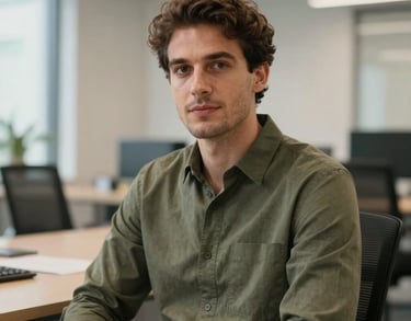 A professional male colleague in a smart-casual olive green shirt sitting in a modern Italian office, soft professional lighting.