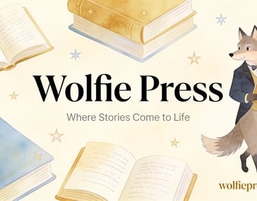 Wolfie Press logo featuring a wolf in a suit reading books with stars and a moon.