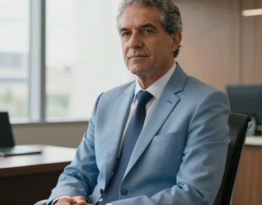 A professional portrait of a senior legal consultant in a light blue suit, sitting in a modern office in Brazil, soft daylight coming through a window, looking confident and trustworthy.