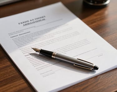 A close-up photograph of high-quality legal documents and a fountain pen resting on a dark wood desk in a Brazilian advisory office, warm morning light, professional and sophisticated atmosphere.