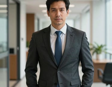 A professional portrait of a real estate legal advisor in professional Brazilian attire, standing in a bright office hallway, conveying sophisticated competence.