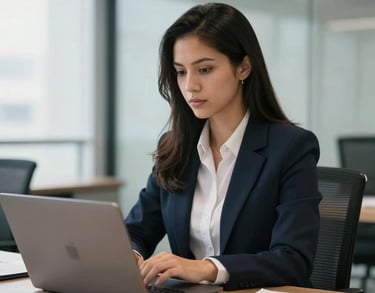 A professional portrait of a legal coordinator in a modern office in Brazil, using a laptop, representing digital efficiency and modern legal services.