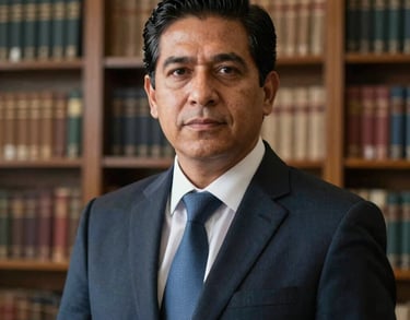 A professional portrait of a civil law specialist in a South American setting, looking focused and professional, against a blurred background of a well-organized legal library.