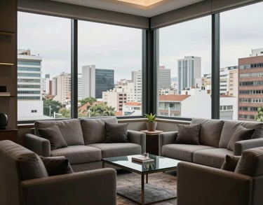 A photograph of a modern, high-end consultation room in a South American city, featuring comfortable seating, large windows with a cityscape view, and a sense of calm authority.