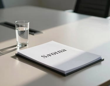 A minimalist photograph of a conference room table with a glass of water and a legal folder, soft shadows, clean and professional South American office interior.