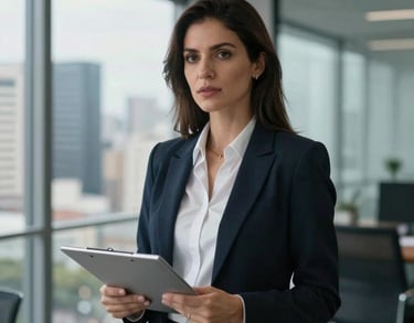 A professional portrait of a woman in business attire, acting as a documentation manager, in a modern office with glass walls in a South American city, soft natural lighting.