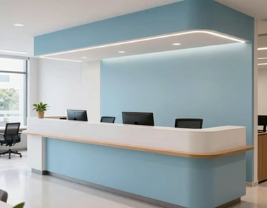 A wide shot of a contemporary reception area in a Brazilian advisory firm, featuring clean lines, light blue accents, and a professional, welcoming environment.