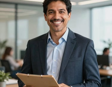 A professional portrait of a specialist advisor in a modern South American office, smiling warmly, holding a folder, representing expert guidance and accessibility.