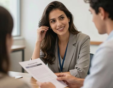 A candid shot of a consultant explaining a document to a client in a bright, modern meeting room in Brazil, showing empathy and expert communication.
