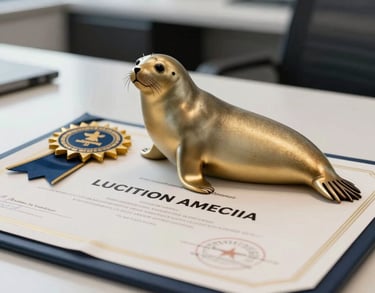 A focused shot of a gold-colored seal and ribbon on a formal certificate, emphasizing precision and authority, located in a bright South American professional office.