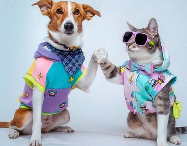 Un perro marrón y blanco y un gato atigrado con ropa colorida para mascotas se dan un choque de pata