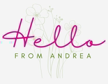 Pink script Hello from Andrea text logo with delicate green floral line art background.