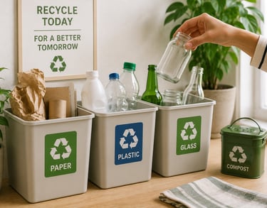 Sorting paper, plastic, and glass into recycling bins to reduce household waste.