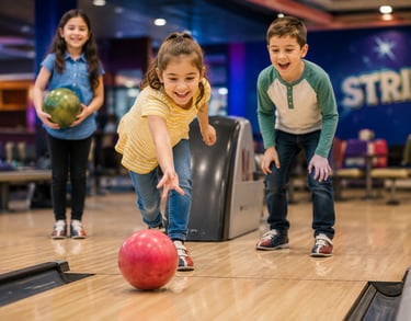 Children bowling together at a family-friendly bowling center during a summer kids bowling program.
