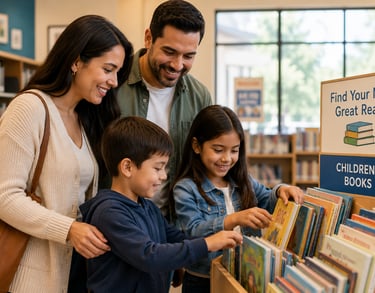 A family picking books out at the bookstore.