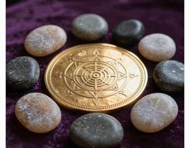 Photography of a collection of Reiki healing stones and a gold-engraved Yantra plate on a deep purple velvet cloth, soft focused lighting, professional mystic style, Global / Western.