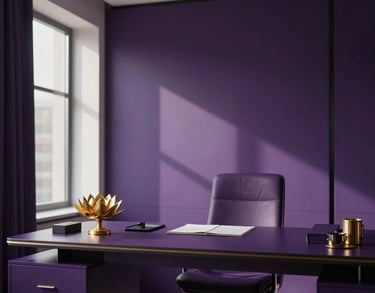 Photography of a serene, minimalist study room with deep royal purple accents and a golden lotus sculpture on a desk, soft morning sunlight, professional and calm, Global / Western.