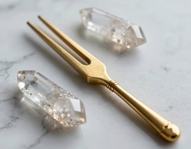 A close-up photograph of high-quality polished crystals and a golden tuning fork resting on a white marble surface, soft natural lighting, elegant composition, Global / Western.
